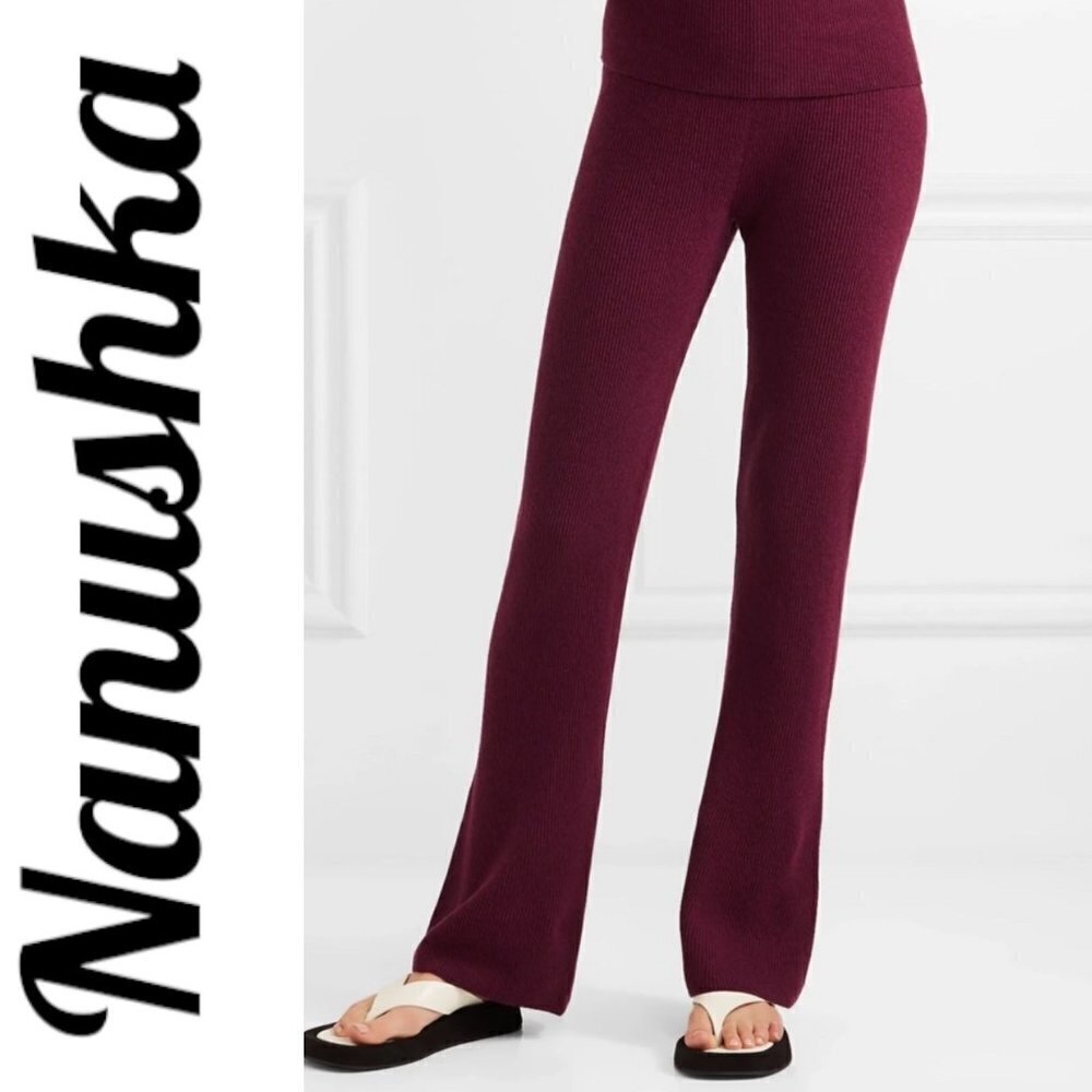 NWOT NANUSHKA Leba Luxe Wool Cashmere Blend Burgundy Flare Leg Knit Pants, Small - Picture 1 of 10